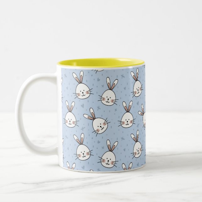 Tasse 2 Couleurs Lapins de Pâques blancs sur fond bleu clair (Gauche)