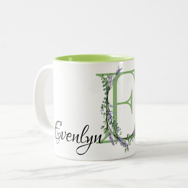 Tasse 2 Couleurs Lettre alphabétique E Lavender Eucalyptus monogram (Devant gauche)