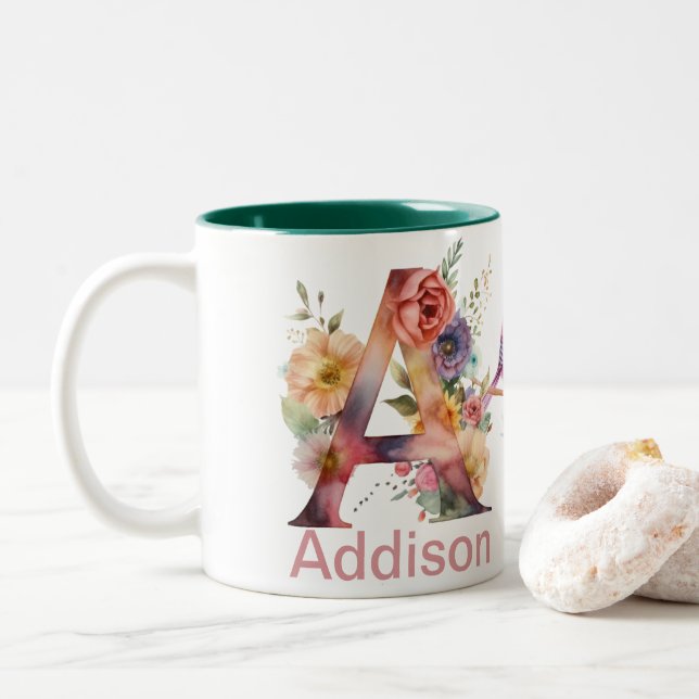 Tasse 2 Couleurs Lettre de nom personnalisée A Monogramme | Floral  (Avec donut)