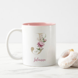 Tasse 2 Couleurs Lettre d'or J, Monogramme J, Pink Floral Cadeau