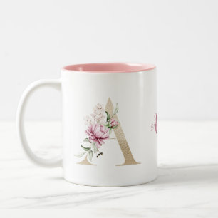 Tasse 2 Couleurs LETTRE D'OR MONGRAPHIQUE PERSONNALISÉE A Pink Flor