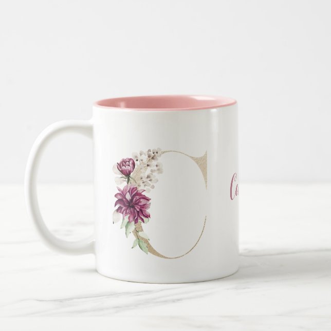 Tasse 2 Couleurs LETTRE D'OR MONGRAPHIQUE PERSONNALISÉE C Pink Flor (Gauche)
