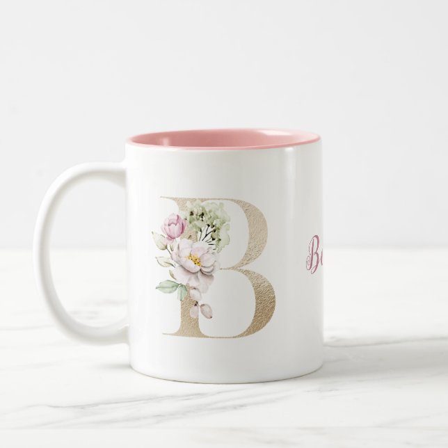 Tasse 2 Couleurs Lettre d'or Monogramme B rose floral (Gauche)