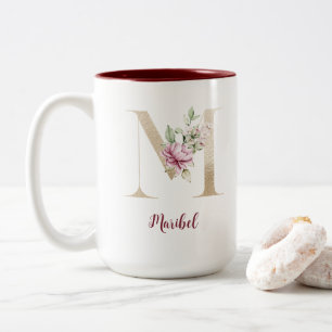Tasse 2 Couleurs Lettre d'or monogramme personnalisée M PInk Floral