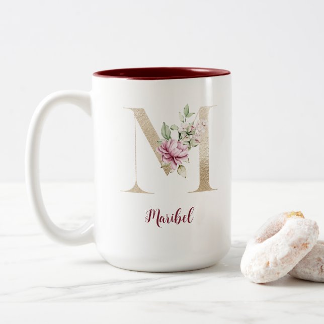 Tasse 2 Couleurs Lettre d'or monogramme personnalisée M PInk Floral (Avec donut)
