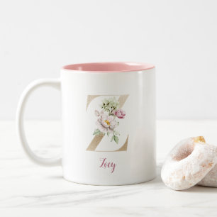 Tasse 2 Couleurs Lettre d'or Z, Monogramme Z, Cadeau floral rose