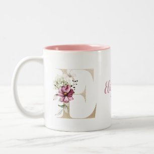 Tasse 2 Couleurs Lettre E dorée personnalisée avec monogramme et fl