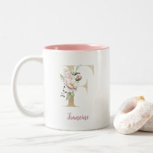 Tasse 2 Couleurs Lettre F dorée, Monogramme F, Cadeau floral rose p