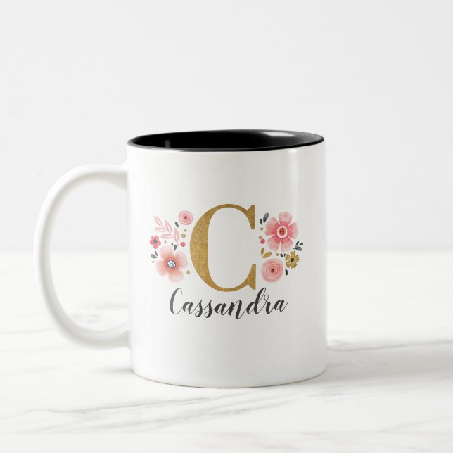 Tasse 2 Couleurs LETTRE Florale rose monogramme C (Gauche)