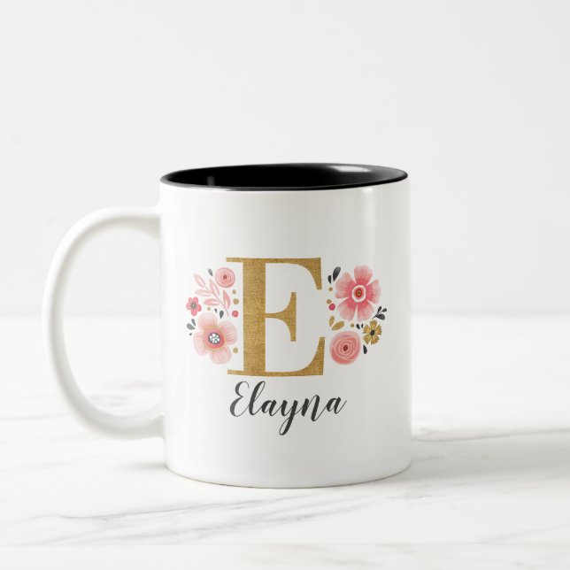 Tasse 2 Couleurs LETTRE Florale rose monogramme E (Gauche)