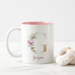 Tasse 2 Couleurs Lettre G dorée, Monogramme G, Cadeau floral rose p