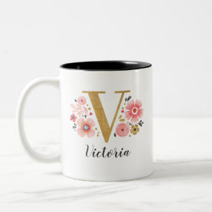 Tasse 2 Couleurs Lettre initiale florale rose monogramme V