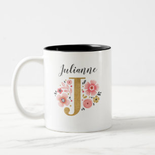 TASSE 2 COULEURS LETTRE INITIALE J MOYENNE MORALE ROSE