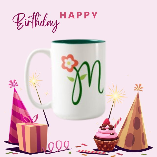 Tasse 2 Couleurs Lettre initiale Monogramme vert, Fleur orange (Créateur téléchargé)