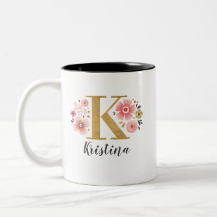 Tasse 2 Couleurs LETTRE INITIALE MONOGRAPHIQUE Pink Floral K