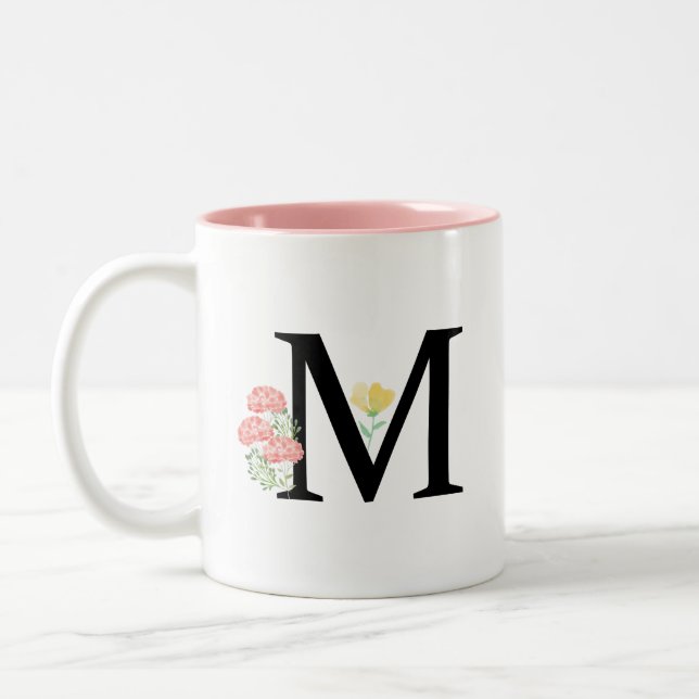 Tasse 2 Couleurs Lettre monogramme M Aquarelle Rose Spray Floral (Gauche)