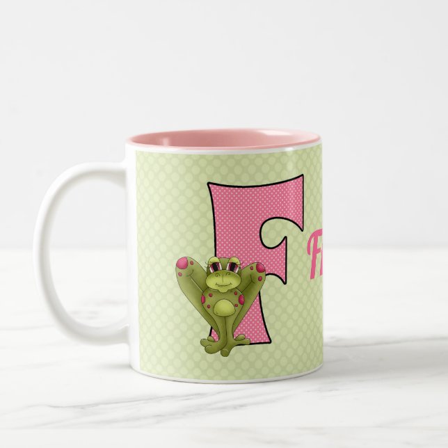 Tasse 2 Couleurs Lettre monographie rose et verte F et nom Enfants (Gauche)