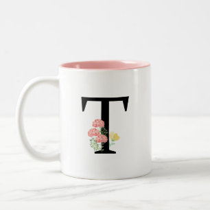 Tasse 2 Couleurs lettre monographique T aquarelle fleurs rose spray