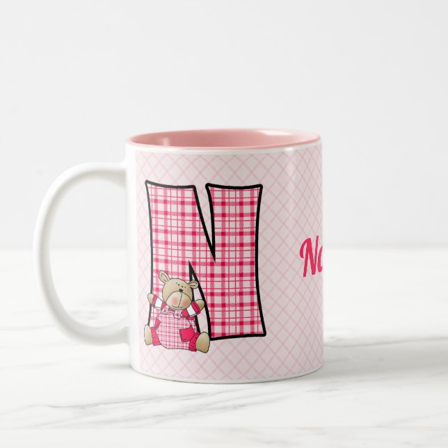Tasse 2 Couleurs Lettre N avec nom de l'ours rose de l'enfant (Gauche)