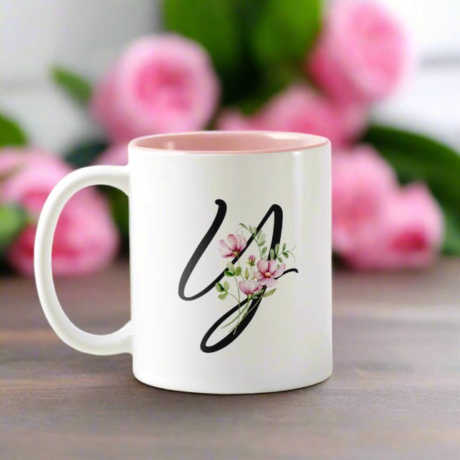 Tasse 2 Couleurs LETTRE NOIRE ÉLÉGANTE "Y" Fleurs roses Feuille (Créateur téléchargé)