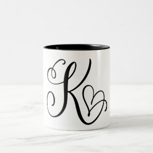 TASSE 2 COULEURS LETTRE NOIRE "K" ÉLÉGANTE MONOGRAMME