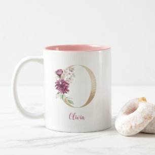 Tasse 2 Couleurs Lettre O en or, monogramme O, cadeau floral rose p