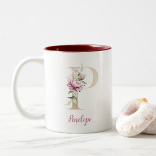 Tasse 2 Couleurs Lettre P dorée, Monogramme P, Cadeau floral rose p