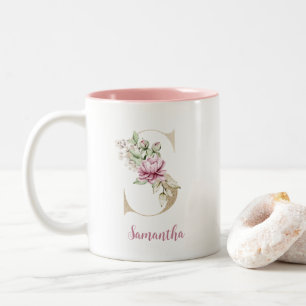 Tasse 2 Couleurs Lettre S dorée, Monogramme S, Cadeau floral rose p