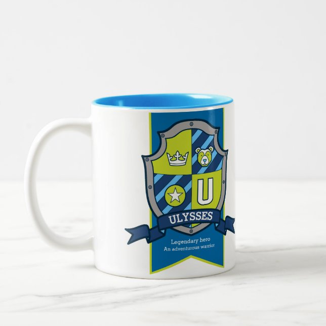 Tasse 2 Couleurs Lettre U crête bleu vert ours nom (Gauche)