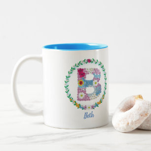 Tasse 2 Couleurs Lettres de fleurs Initiale "B" avec nom personnali