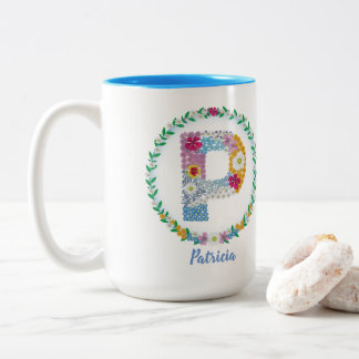 Tasse 2 Couleurs Lettres de fleurs Initiale "P" avec nom personnali