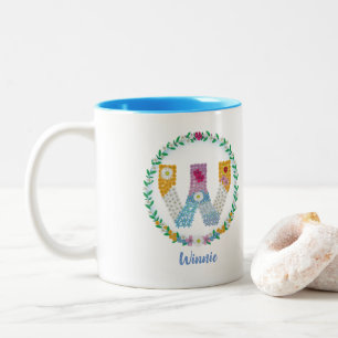 Tasse 2 Couleurs Lettres de fleurs Initiale "W" avec nom personnali