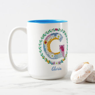 Tasse 2 Couleurs Lettres Fleurs Initiale "G" avec nom personnalisé