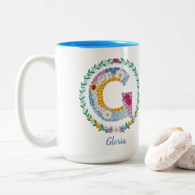Tasse 2 Couleurs Lettres Fleurs Initiale "G" avec nom personnalisé (Avec donut)