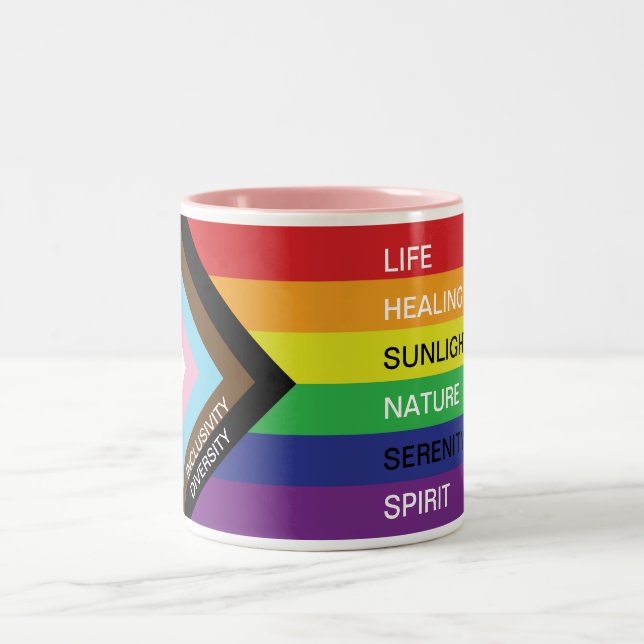 Tasse 2 Couleurs LGBT Progress Pride drapeau arc-en-ciel avec texte (Centre)
