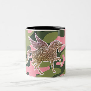 Tasse 2 Couleurs Licorne Camouflage Vert Rose & Paillettes Dorées