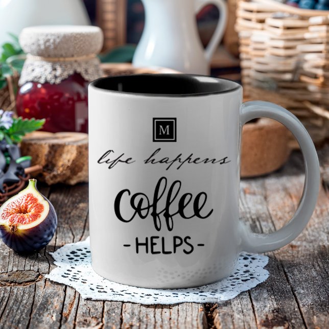 Tasse 2 Couleurs Life Happens Café Aide Monogram Funny (Inspire your day with this life happens coffee, which helps typography-inspired design)