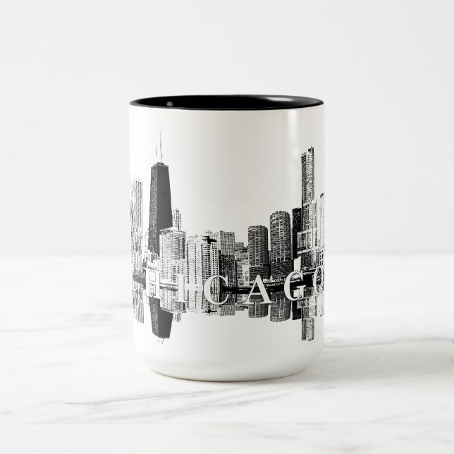 Tasse 2 Couleurs Ligne d'horizon de Chicago, Illinois en noir (Centre)