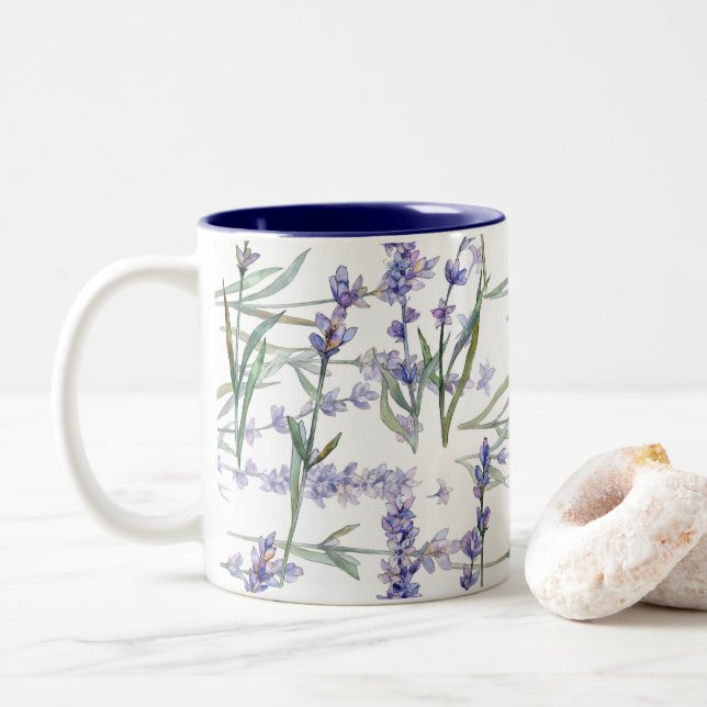 Tasse 2 Couleurs Lilas de bleu d'art d'aquarelle d'usine de fleur (Avec donut)