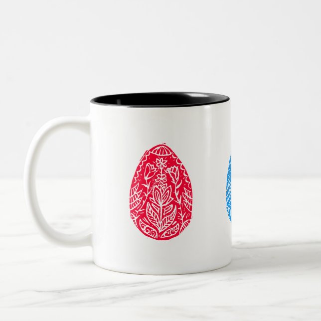 Tasse 2 Couleurs Linocut d'Oeuf de Pâques bleu/rouge/jaune rustique (Gauche)