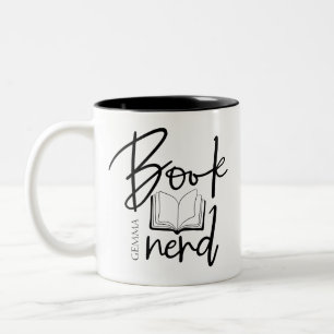 Tasse 2 Couleurs Livre de script minimal noir Nom de lecteur Nerd