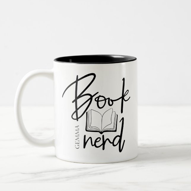 Tasse 2 Couleurs Livre de script minimal noir Nom de lecteur Nerd (Gauche)