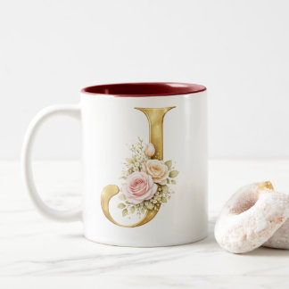 Tasse 2 Couleurs Logo à monogramme lettre J doré floral de luxe