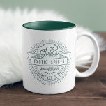 Tasse 2 Couleurs Logo vintage Frankincense & Myrrh Christmas<br><div class="desc">Sirotez votre café ou cacao chaud de cette tasse de Noël de style vintage ! Festive vacances design dispose d'un logo vintage de société pour Gold's Exotic Spices, Spécialisé en Frankincense et Myrrh, dans un design de badge circulaire avec bloc monoline tendance et typographie de script. Nous aimons particulièrement ce...</div>