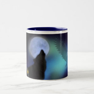 Tasse 2 Couleurs Loup hurlant, aigle, lune et chaman buvant de la M