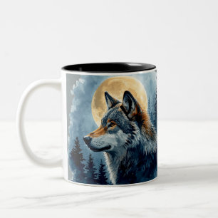 Tasse 2 Couleurs Loup lunaire mystique - Art aquarelle Forêt céle