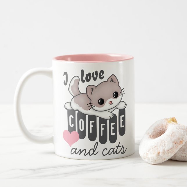 Tasse 2 Couleurs Love Coffee and Cats mignonne (Avec donut)