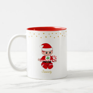 Tasse 2 Couleurs Lutin de Noël avec canne à bonbons, étoiles dorées