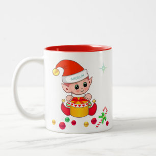 Tasse 2 Couleurs Lutin de Noël, canne à bonbons et boules de Noël