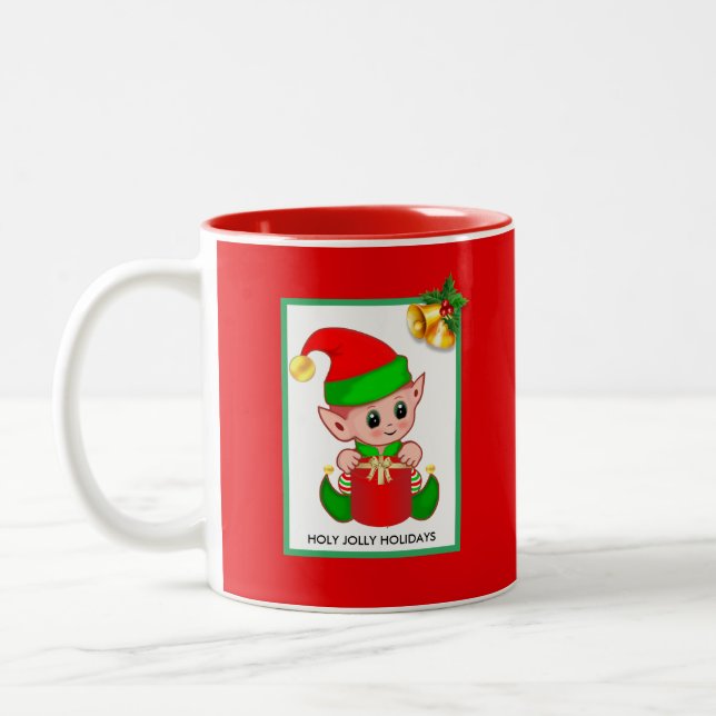 Tasse 2 Couleurs Lutin de Noël sur fond rouge  (Gauche)